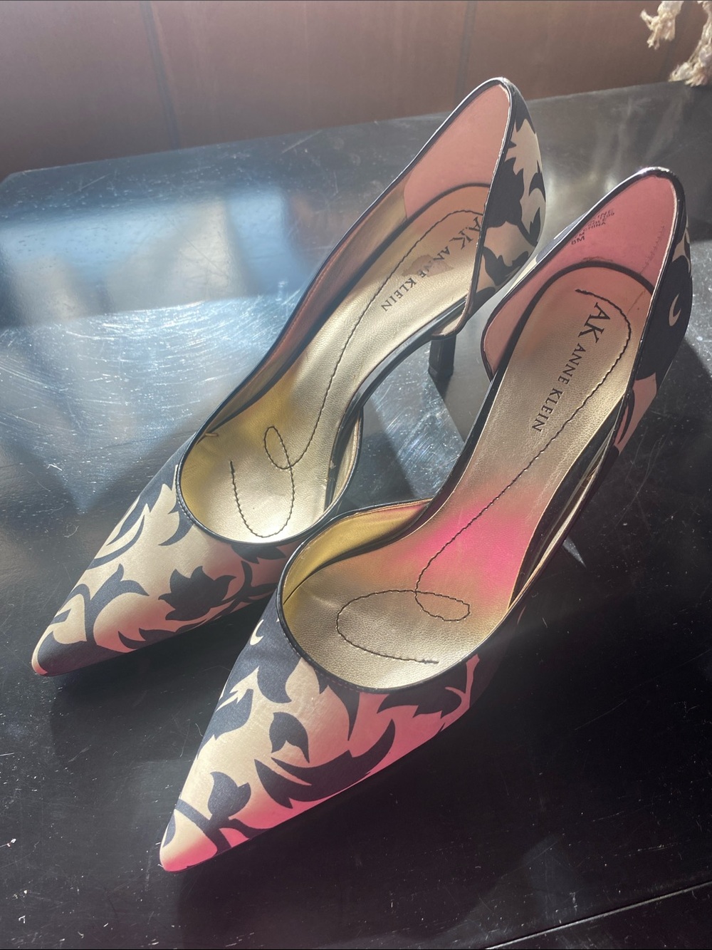 Anne Klein Black and Cream Floral Pointed-Toe Pumps